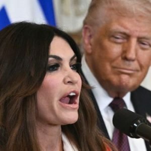 Kimberly Guilfoyle, US ambassador to Greece, stands alongside President Donald Trump during a Greek Independence Day celebration at the White House in Washington, DC, on 24 March 2025.