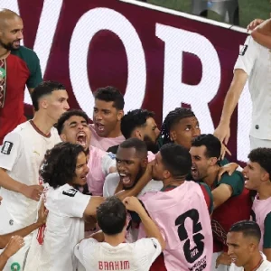 Morocco goalkeeper Yassine Bounou celebrates after saving a penalty as Morocco defeated the Netherlands in a World Cup shootout to reach the last 16.