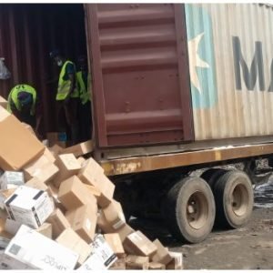 NAFDAC truck carrying expired donated medicines worth ₦59 million at Igwuruta dump site in Port Harcourt, Rivers State.