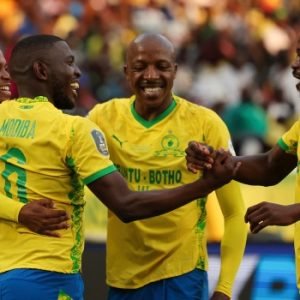 Mamelodi Sundowns players celebrate after winning the CAF Champions League against FAR Rabat in Morocco.