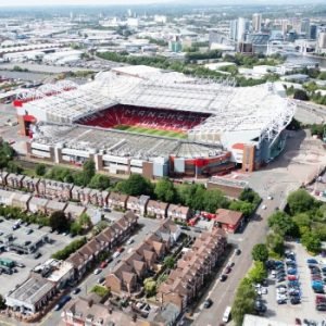 Aerial view of Old Trafford in Manchester as Manchester United advance plans for a new £2bn, 100,000-capacity stadium nearby.
