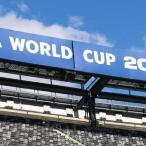 Interior view of a 2026 FIFA World Cup stadium in New Jersey as FIFA announces a ban on reusable water bottles for fans attending matches.