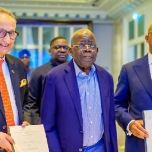 President Bola Tinubu, Ogun State Governor Dapo Abiodun and DP World CEO Yuvraj Narayan at the signing of the $7bn-plus Gateway Deep Sea Port and Blue Marine SEZ MoUs in Paris.