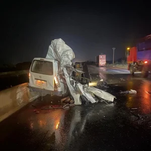 FRSC officials at the scene of the fatal road crash involving a truck and a Toyota Hiace bus at Saapade Bridge on the Lagos-Ibadan Expressway in Ogun State.