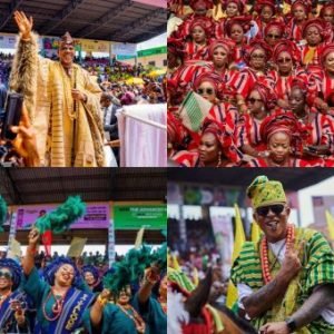 Crowds in traditional attire and horse riders at Ojude Oba Festival in Ijebu-Ode celebrating Yoruba cultural heritage.