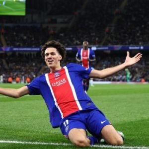 PSG players celebrate during their 4-2 Champions League victory over Manchester City at the Etihad Stadium on October 14, 2026.