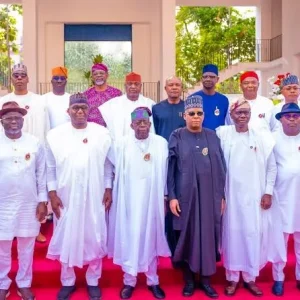 President Bola Tinubu meeting APC governors at the Presidential Villa in Abuja to discuss the controversial 2027 campaign council list.