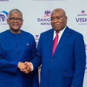 Aliko Dangote welcomes Maixent Raoul Ominga during Congo delegation’s visit to Dangote Refinery in Lekki, Lagos.