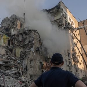 Damaged residential building in Kyiv after Russia’s massive overnight missile and drone attack that killed at least 17 people.