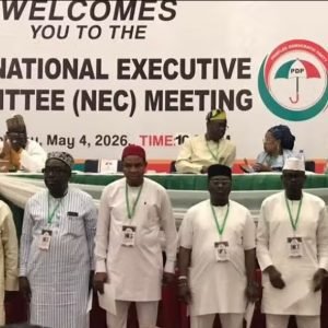 Turaki-led PDP faction members during a special convention in Abuja announcing Goodluck Jonathan as presidential candidate amid alleged venue blockade controversy.