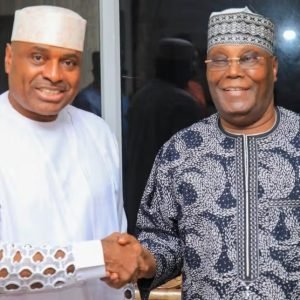 Atiku Abubakar and Kenneth Okonkwo pictured after Okonkwo’s appointment as spokesperson for the 2027 presidential campaign.