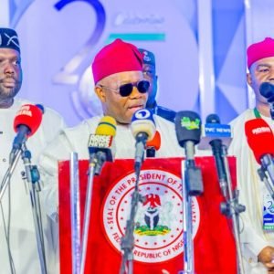 Senate President Godswill Akpabio addressing worshippers during a Democracy Day church service at the National Christian Centre in Abuja