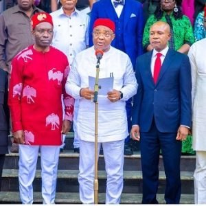 Imo State Governor Hope Uzodimma speaks during a meeting where he announced that South-East governors had resolved to support President Bola Tinubu's 2027 re-election bid.