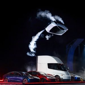 Elon Musk's Tesla Roadster concept equipped with thrusters, unveiled during a livestreamed demonstration at a SpaceX facility in Texas.