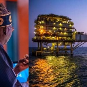 President Bola Tinubu and deep offshore oil rigs representing Nigeria’s $50bn investment framework.