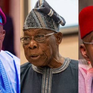 President Bola Tinubu's representative, former President Olusegun Obasanjo and Governor Alex Otti during the 60th memorial ceremony for Major General Johnson Aguiyi-Ironsi in Umuahia, Abia State.