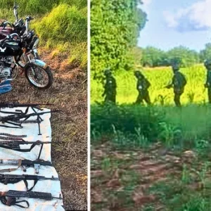 Nigerian Army troops and recovered weapons, ammunition and motorcycles following counter-terrorism operations in Katsina State.
