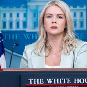 Karoline Leavitt speaking during a White House press briefing in Washington, DC.