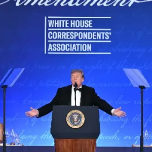 US President Donald Trump speaks during the 2026 White House Correspondents’ Association Dinner at the Waldorf Astoria in Washington, DC.