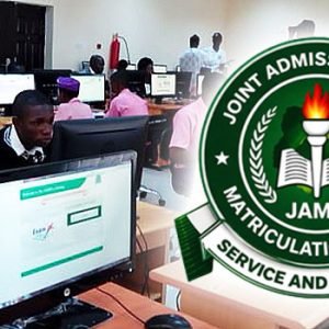 JAMB logo alongside students writing examination papers during UTME registration process in Nigeria.