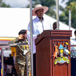 Yoweri Museveni taking oath of office during inauguration for seventh term as Uganda president in Kampala