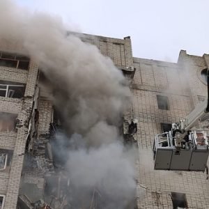 Firefighters respond to a damaged oil facility after a Ukrainian drone strike in Nizhnekamsk, Russia.