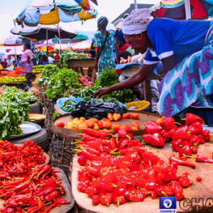Market traders display tomatoes, beans and other food items in a Nigerian market as inflation rises in April 2026.