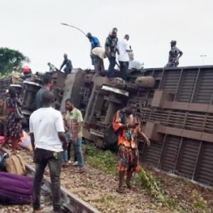 Emergency responders at the scene of a derailed Warri–Itakpe passenger train in Delta State, Nigeria, following a fatal rail accident.