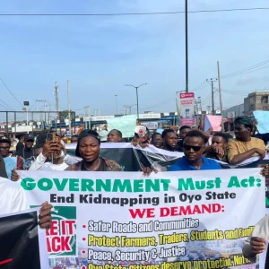 Civil society protesters march through Ibadan carrying placards demanding the rescue of abducted pupils and teachers from Oriire Local Government Area of Oyo State.