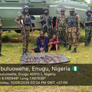 Nigerian Army troops recover AK-47 rifles, magazines and ammunition from a suspected kidnappers’ hideout in an Enugu forest.