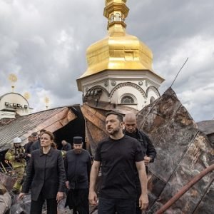 Fire and smoke rising from the Dormition Cathedral at Kyiv-Pechersk Lavra in Kyiv, Ukraine, after Russian missile and drone strikes damaged the UNESCO-listed monastery complex.