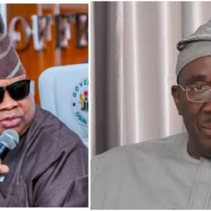 Senator Francis Fadahunsi and Osun State Governor Ademola Adeleke amid a dispute over a viral video ahead of the 2026 Osun governorship election.