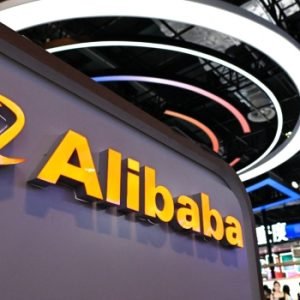 Alibaba logo displayed during the World Artificial Intelligence Conference in Shanghai as the company challenges a Pentagon blacklist designation in US court.