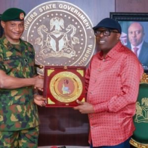 Governor Siminalayi Fubara meets newly appointed 6 Division GOC Major General Everest Okoro at Government House in Port Harcourt.