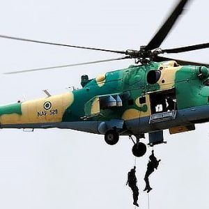 Military aircraft involved in counter-terrorism operations over northern Borno State during an air strike targeting suspected ISWAP fighters and vehicles.