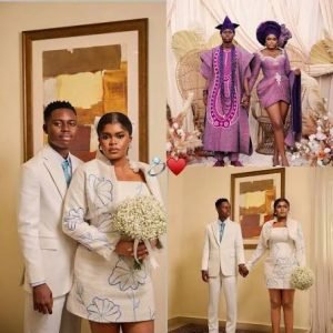 Peller and Jarvis pose together during their white wedding ceremony in Lagos surrounded by family, friends and fellow content creators.