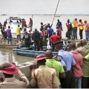 Rescue officials and local residents search the water after a canoe carrying about 40 passengers capsized in Ringim Local Government Area of Jigawa State.
