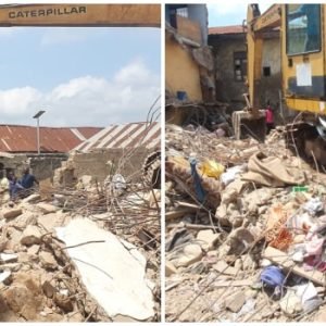 Rescue workers and an excavator at the scene of a collapsed building in Popo Giwa, Ilorin, Kwara State.