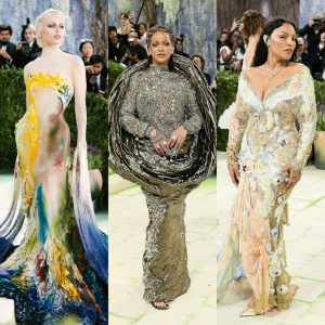 Celebrities on the Met Gala 2026 red carpet wearing sculptural and artistic fashion inspired by the Costume Art theme