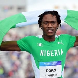 Samuel Ogazi celebrates after winning Nigeria's historic men's 400m gold medal at the 2026 Commonwealth Games in Glasgow.