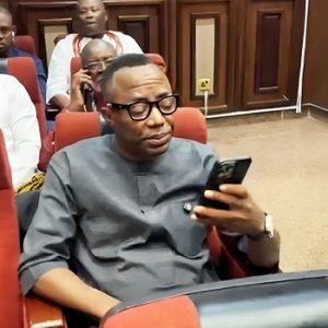 Omoyele Sowore at the Federal High Court in Abuja during his alleged defamation trial, which was adjourned after a heated exchange between defence and DSS lawyers.