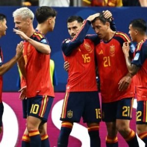 Spain forward Mikel Oyarzabal celebrates with teammates after scoring during Spain’s 4-0 World Cup victory over Saudi Arabia in Atlanta.