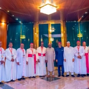 President Bola Tinubu addresses leaders of the Catholic Bishops' Conference of Nigeria during a meeting at the State House in Abuja.