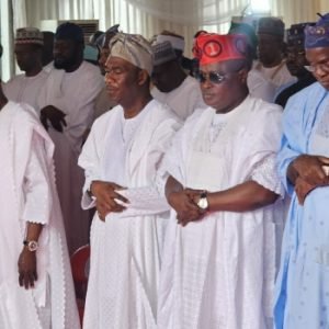 President Bola Tinubu leading Eid-El-Kabir prayers at Dodan Barracks in Lagos with top government officials.