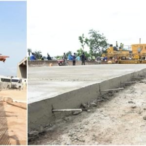 Minister of Works David Umahi inspecting federal road construction sites in Nigeria during an official project monitoring tour.